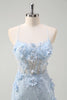 Load image into Gallery viewer, Blue Corset Spaghetti Straps Tulle Long Formal Dress with 3D Flowers