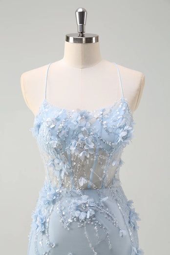 Blue Corset Spaghetti Straps Tulle Long Formal Dress with 3D Flowers