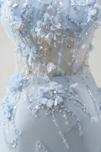 Blue Corset Spaghetti Straps Tulle Long Formal Dress with 3D Flowers