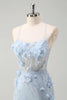 Load image into Gallery viewer, Blue Corset Spaghetti Straps Tulle Long Formal Dress with 3D Flowers