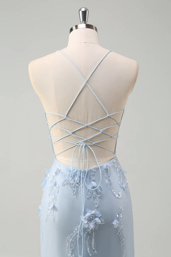 Blue Corset Spaghetti Straps Tulle Long Formal Dress with 3D Flowers