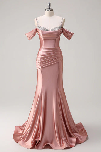 Sparkly Blush Off The Shoulder Long Satin Formal Dress