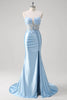 Load image into Gallery viewer, Blue Mermaid Corset Strapless Long Formal Dress with 3D Flowers