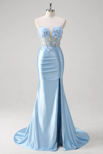 Blue Mermaid Corset Strapless Long Formal Dress with 3D Flowers