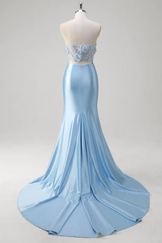 Blue Mermaid Corset Strapless Long Formal Dress with 3D Flowers