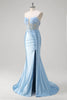 Load image into Gallery viewer, Blue Mermaid Corset Strapless Long Formal Dress with 3D Flowers