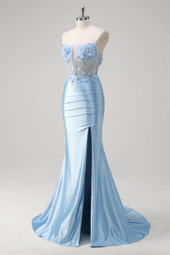 Blue Mermaid Corset Strapless Long Formal Dress with 3D Flowers