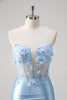 Load image into Gallery viewer, Blue Mermaid Corset Strapless Long Formal Dress with 3D Flowers