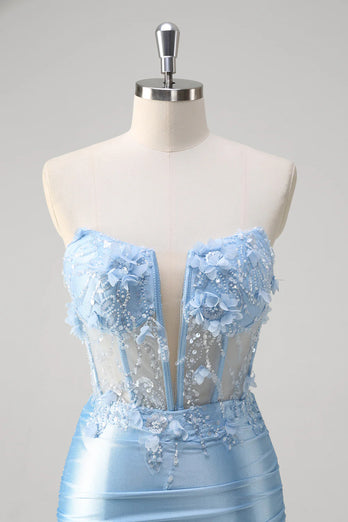 Blue Mermaid Corset Strapless Long Formal Dress with 3D Flowers