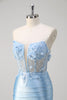 Load image into Gallery viewer, Blue Mermaid Corset Strapless Long Formal Dress with 3D Flowers