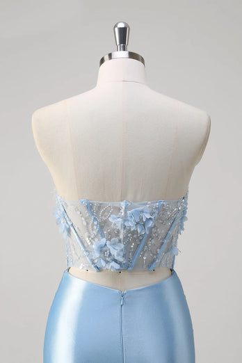 Blue Mermaid Corset Strapless Long Formal Dress with 3D Flowers