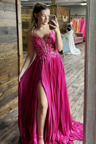 Sparkly Fuchsia A-Line Spaghetti Straps Long Formal Dress with Lace