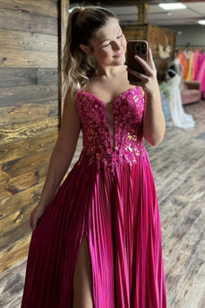 Sparkly Fuchsia A-Line Spaghetti Straps Long Formal Dress with Lace