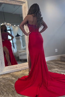 Sparkly Red Sweetheart Corset Formal Dress with Slit