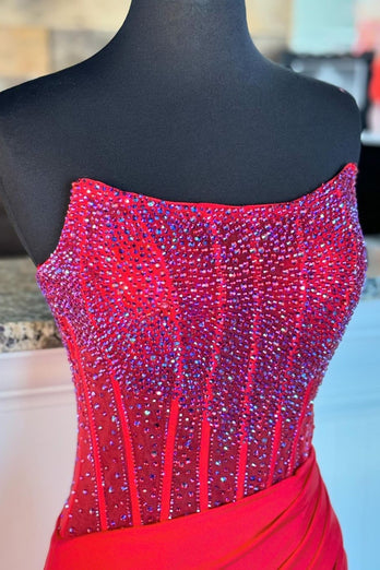 Sparkly Red Sweetheart Corset Formal Dress with Slit