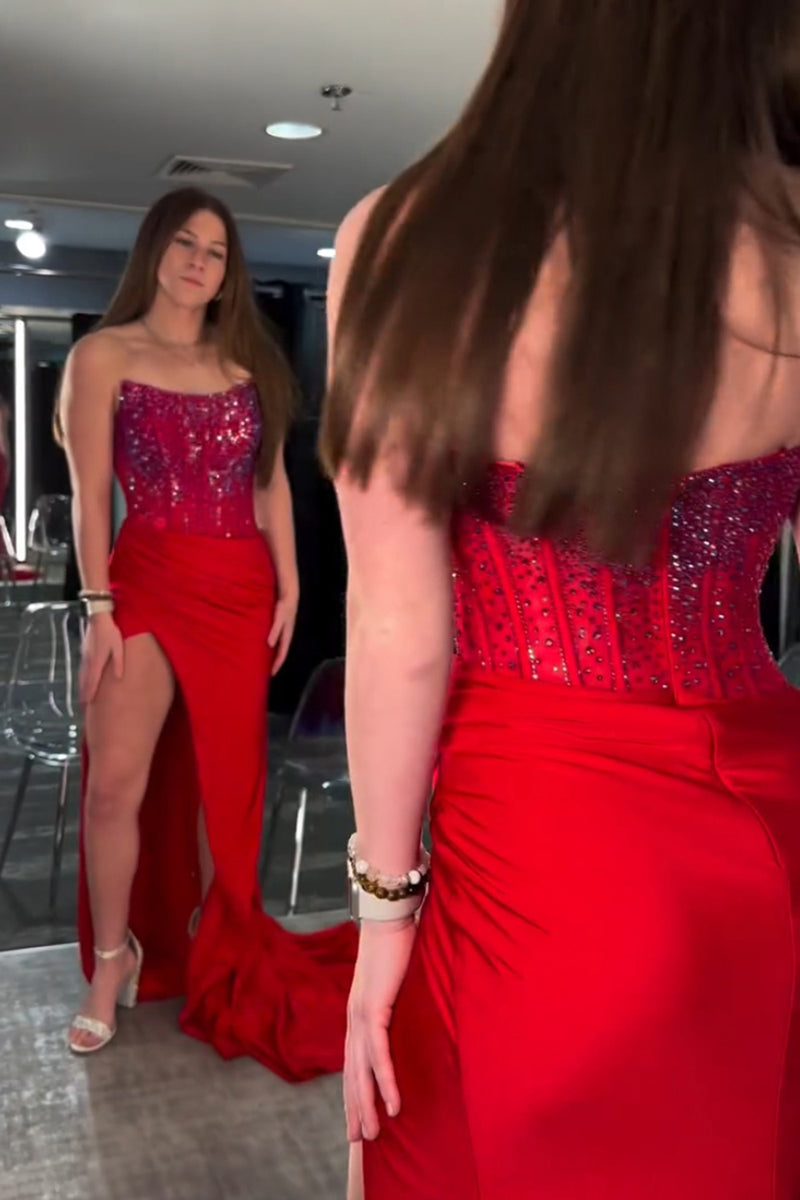 Load image into Gallery viewer, Sparkly Red Sweetheart Corset Formal Dress with Slit