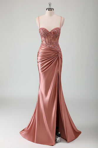 Sparkly Dusty Rose Corset Ruched Long Formal Dress with Slit