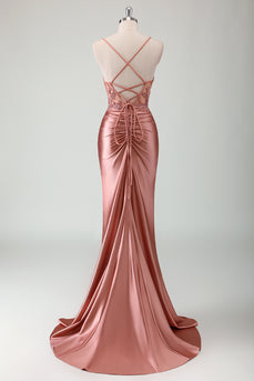 Sparkly Dusty Rose Corset Ruched Long Formal Dress with Slit