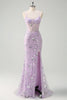 Load image into Gallery viewer, Sparkly Lilac Corset Spaghetti Straps Beaded Long Formal Dress with Slit