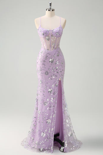 Sparkly Lilac Corset Spaghetti Straps Beaded Long Formal Dress with Slit