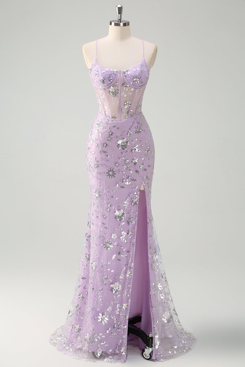 Load image into Gallery viewer, Sparkly Lilac Corset Spaghetti Straps Beaded Long Formal Dress with Slit