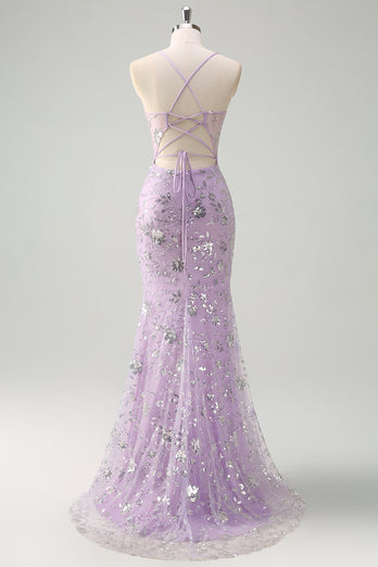 Sparkly Lilac Corset Spaghetti Straps Beaded Long Formal Dress with Slit