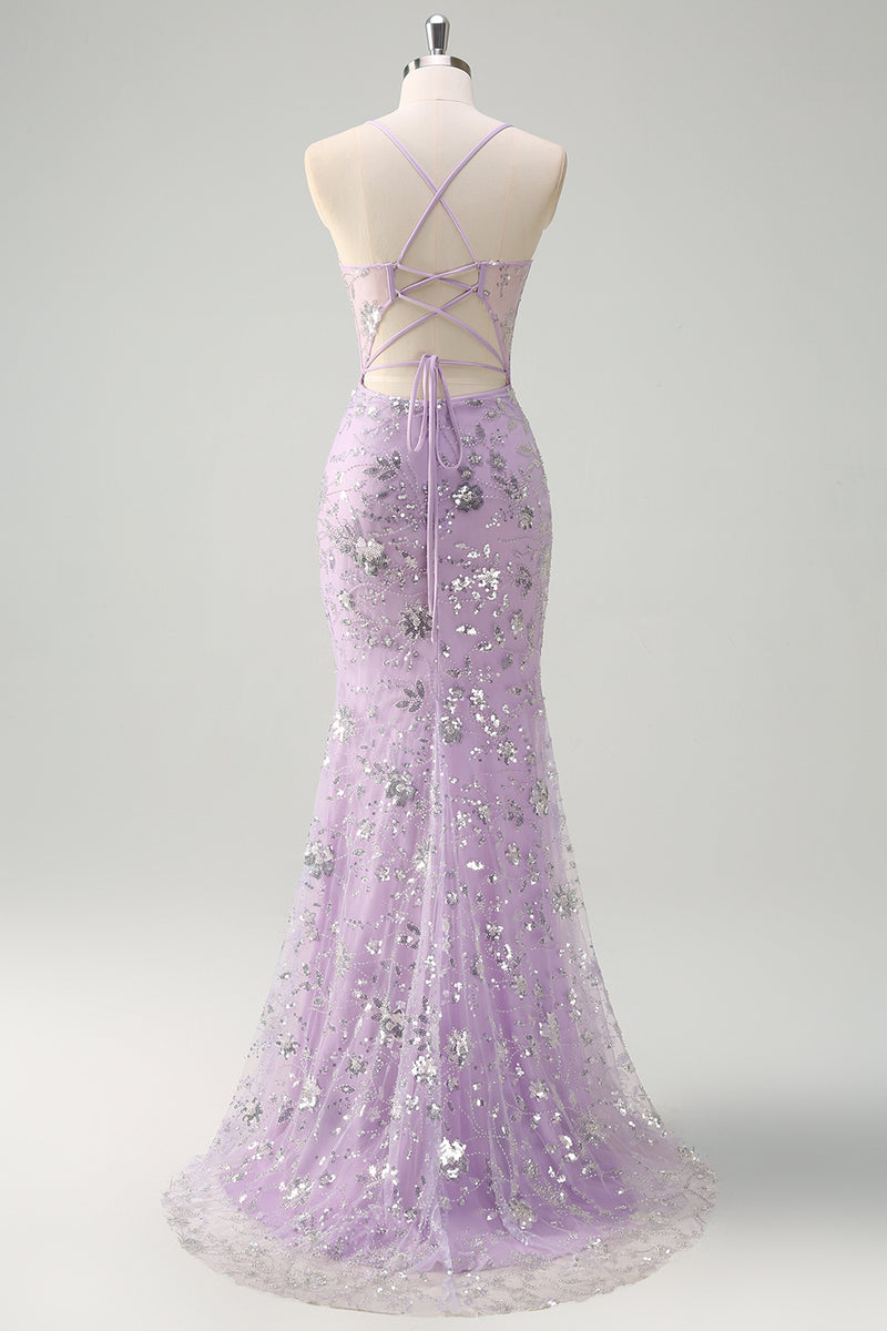 Load image into Gallery viewer, Sparkly Lilac Corset Spaghetti Straps Beaded Long Formal Dress with Slit