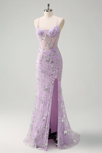 Sparkly Lilac Corset Spaghetti Straps Beaded Long Formal Dress with Slit