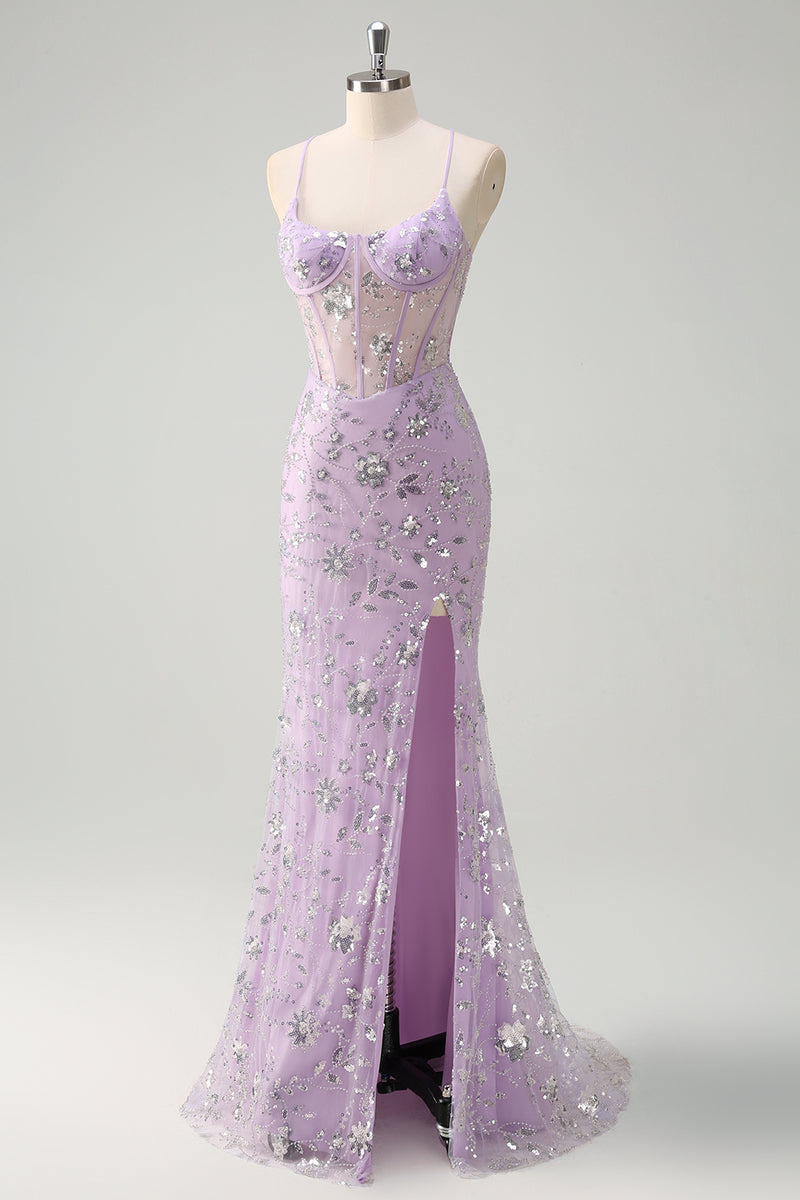 Load image into Gallery viewer, Sparkly Lilac Corset Spaghetti Straps Beaded Long Formal Dress with Slit