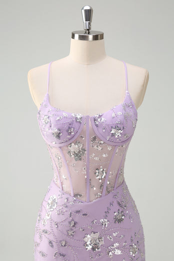 Sparkly Lilac Corset Spaghetti Straps Beaded Long Formal Dress with Slit