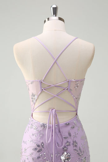 Sparkly Lilac Corset Spaghetti Straps Beaded Long Formal Dress with Slit