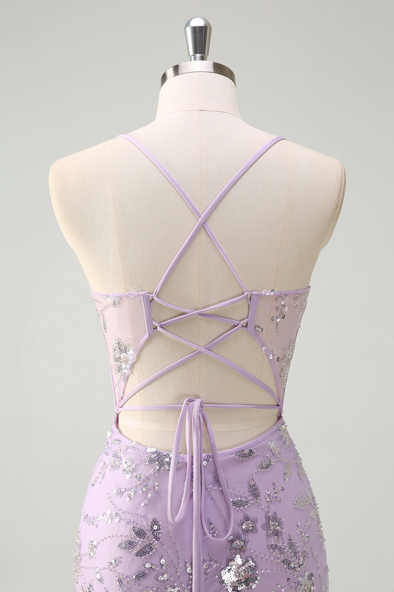 Load image into Gallery viewer, Sparkly Lilac Corset Spaghetti Straps Beaded Long Formal Dress with Slit