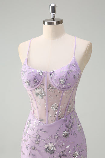 Sparkly Lilac Corset Spaghetti Straps Beaded Long Formal Dress with Slit