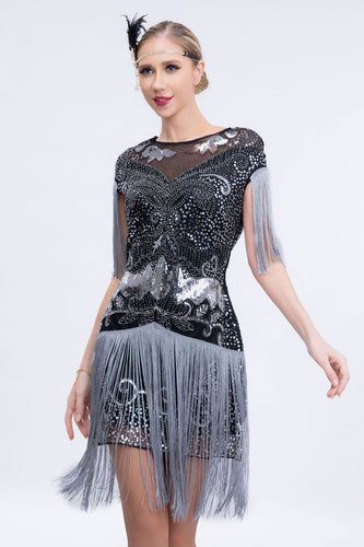 Grey Sequined Short 1920s Flapper Dress with Fringes