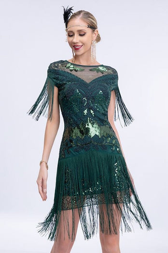 Grey Sequined Short 1920s Flapper Dress with Fringes