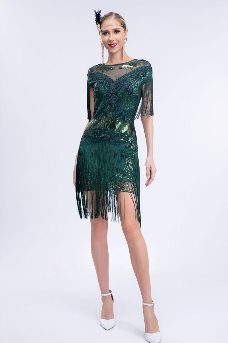 Load image into Gallery viewer, Grey Sequined Short 1920s Flapper Dress with Fringes