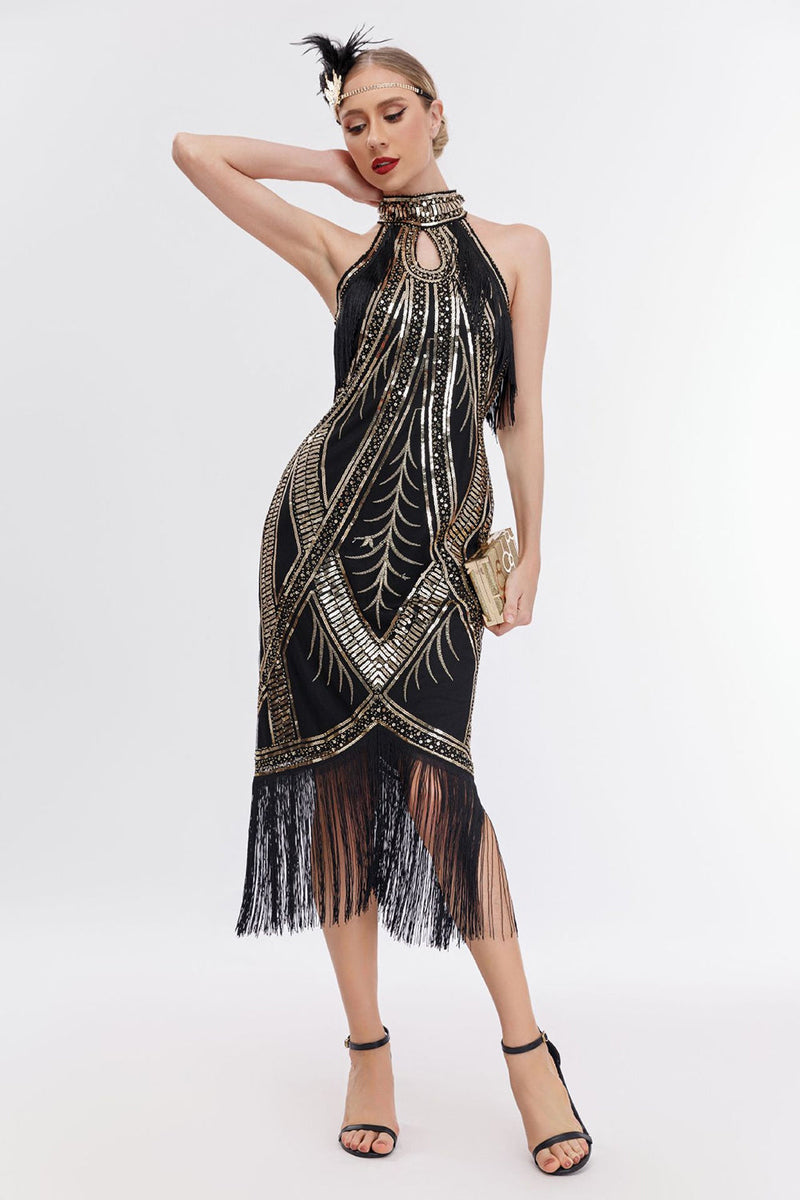 Load image into Gallery viewer, Champagne Halter 1920s Dress with Sequins