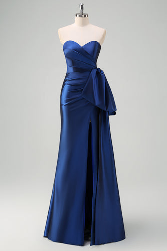 Dark Blue Mermaid Sweetheart Bowknot Long Formal Dress with Slit