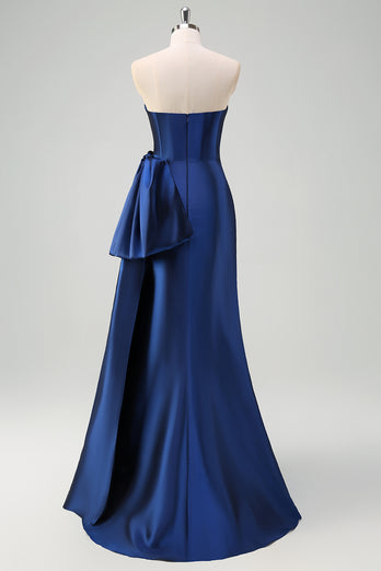 Dark Blue Mermaid Sweetheart Bowknot Long Formal Dress with Slit