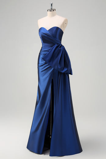 Dark Blue Mermaid Sweetheart Bowknot Long Formal Dress with Slit