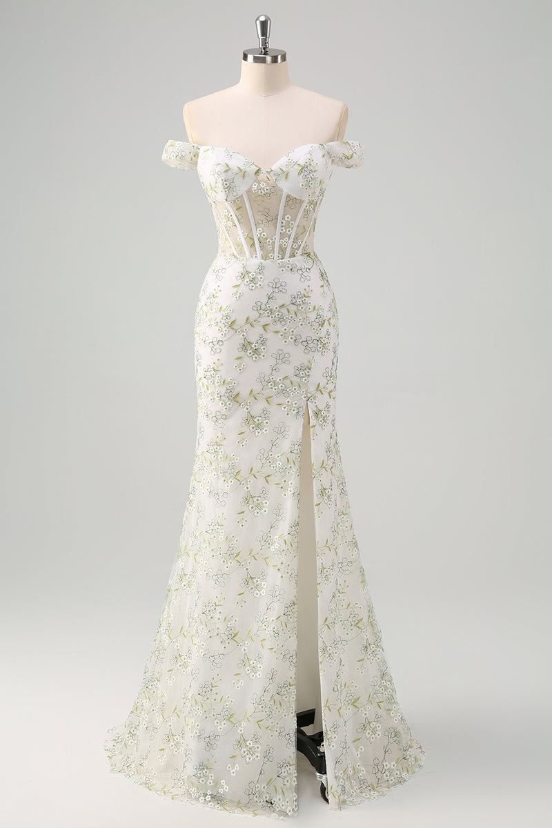 Load image into Gallery viewer, Light Green Corset Off The Shoulder Long Formal Dress with Embroidery