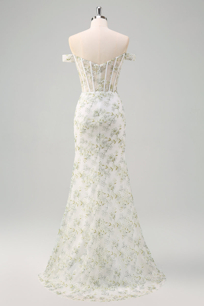 Load image into Gallery viewer, Light Green Corset Off The Shoulder Long Formal Dress with Embroidery