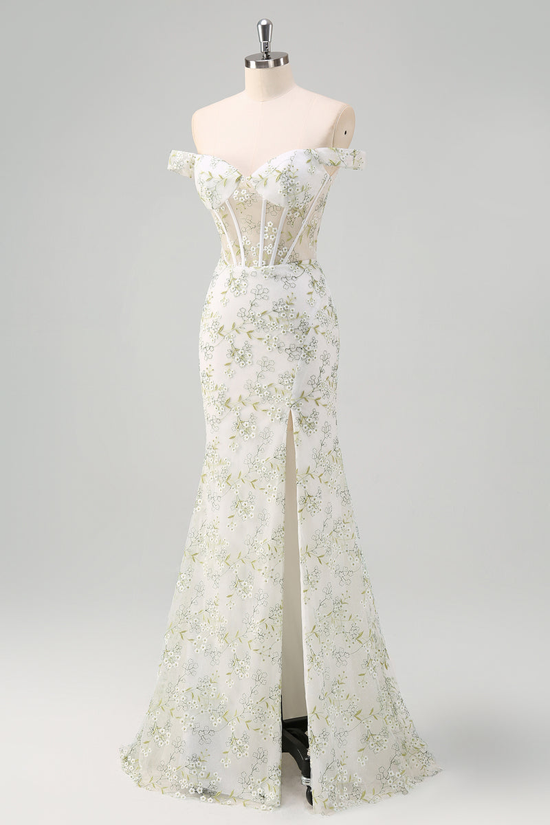 Load image into Gallery viewer, Light Green Corset Off The Shoulder Long Formal Dress with Embroidery