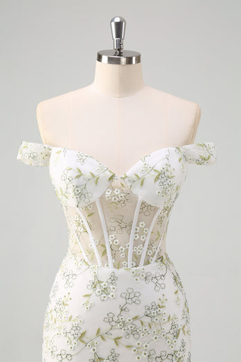 Light Green Corset Off The Shoulder Long Formal Dress with Embroidery