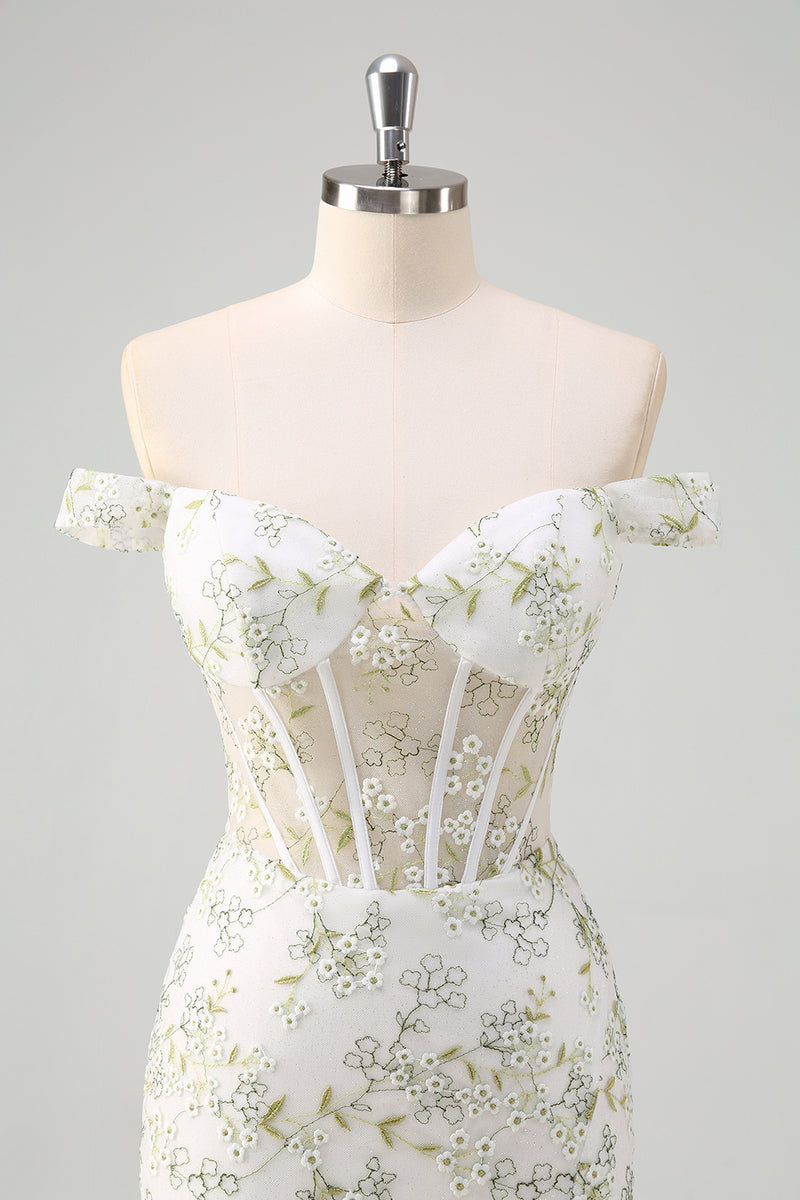 Load image into Gallery viewer, Light Green Corset Off The Shoulder Long Formal Dress with Embroidery