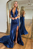 Load image into Gallery viewer, Navy Corset Halter Mermaid Backless Long Satin Formal Dress with Slit