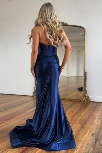 Navy Corset Halter Mermaid Backless Long Satin Formal Dress with Slit