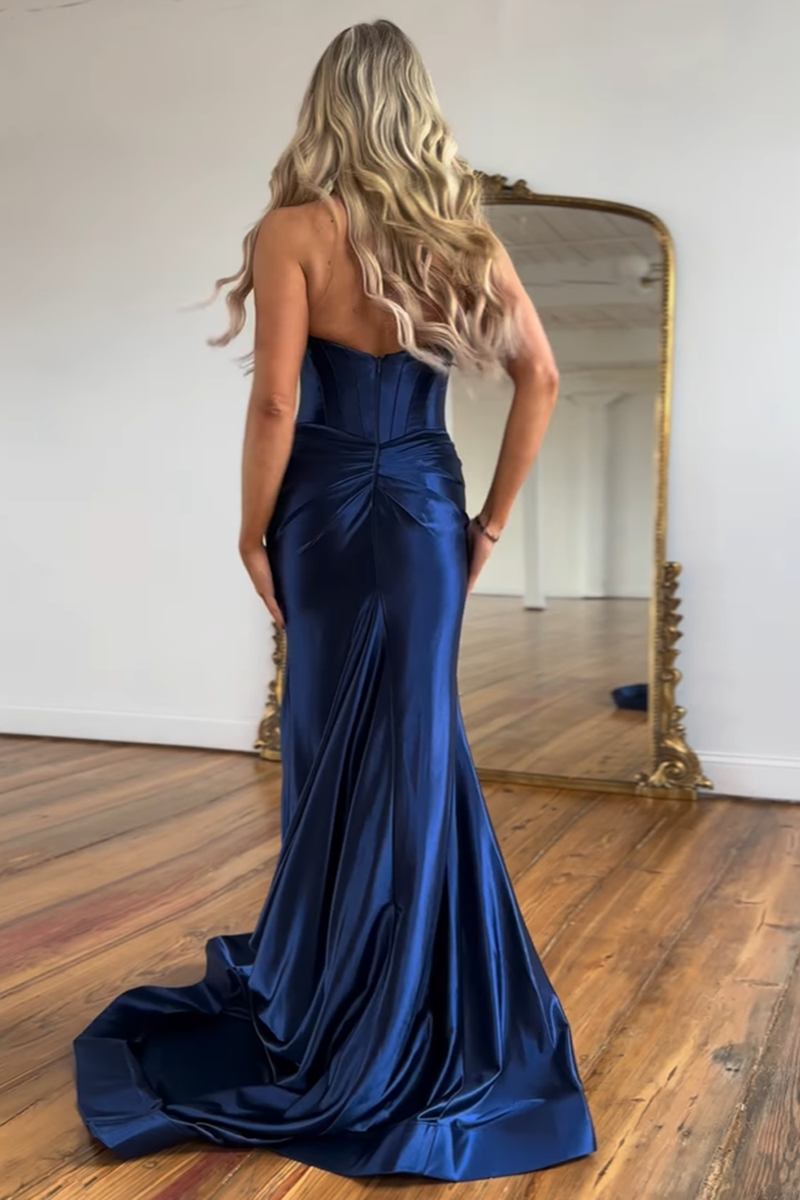 Load image into Gallery viewer, Navy Corset Halter Mermaid Backless Long Satin Formal Dress with Slit