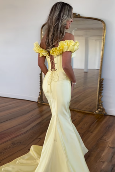 Yellow Corset Mermaid Lace-Up Back Long Formal Dress with Ruffles