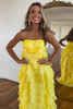 Load image into Gallery viewer, Yellow Strapless Sheath Tiered Long Formal Dress with Ruffles